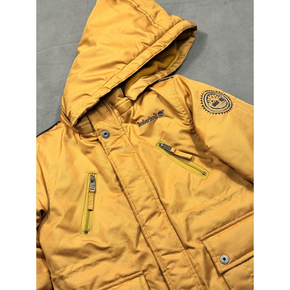 Kids Timberland Winter Hooded Parka‎ Jacket Yellow Zip Pockets Logo Badge 3T